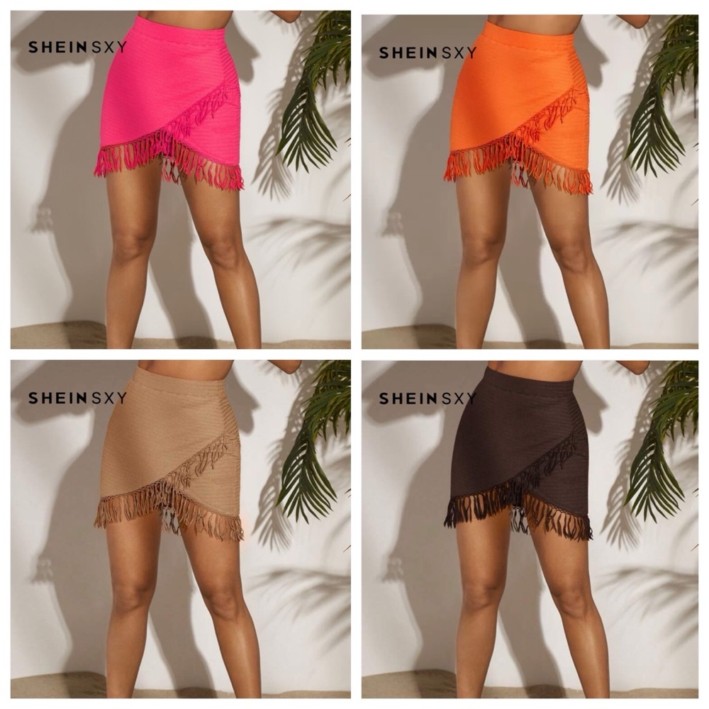SHEIN Fringe Wrap Mini Skirt in Pink, Orange, Tan, Brown